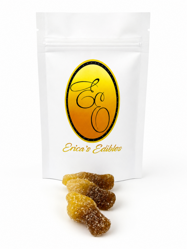 Erica's Edibles Cola Bottles with 100mg THC per gummy in a white resealable pouch on a white background.