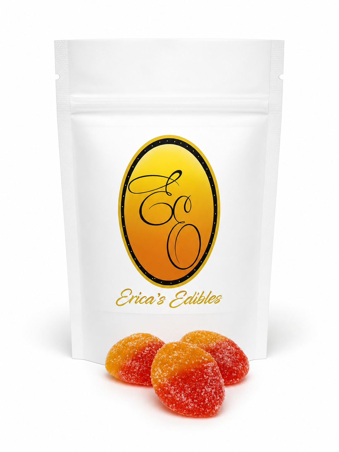 Erica's Edibles Peach Gummies 500MG THC cannabis edible package
