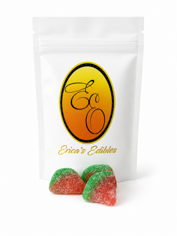 Erica's Edibles Watermelon Gummies with 100mg THC per gummy in a white resealable pouch on a white background.