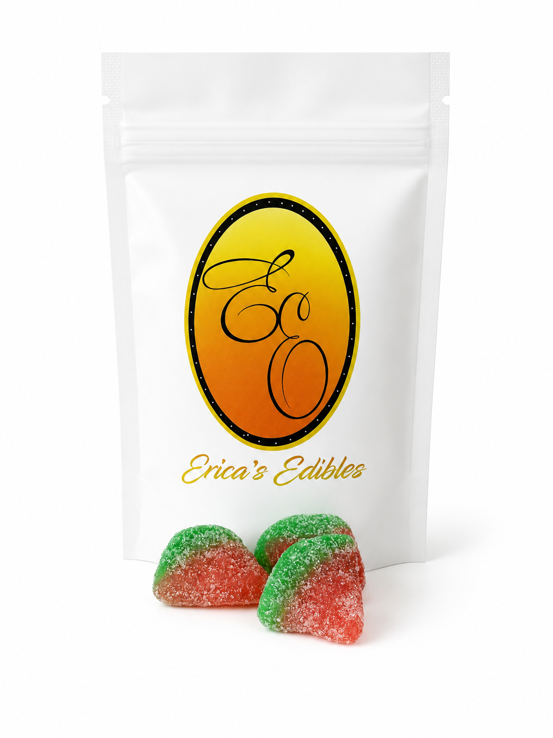 Erica's Edibles Watermelon Gummies with 100mg THC per gummy in a white resealable pouch on a white background.