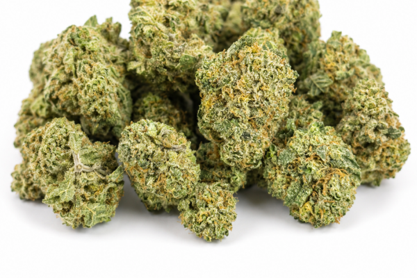 Ice Cream Cake Smalls premium indica cannabis flower with frosty trichome-covered buds on a white background.