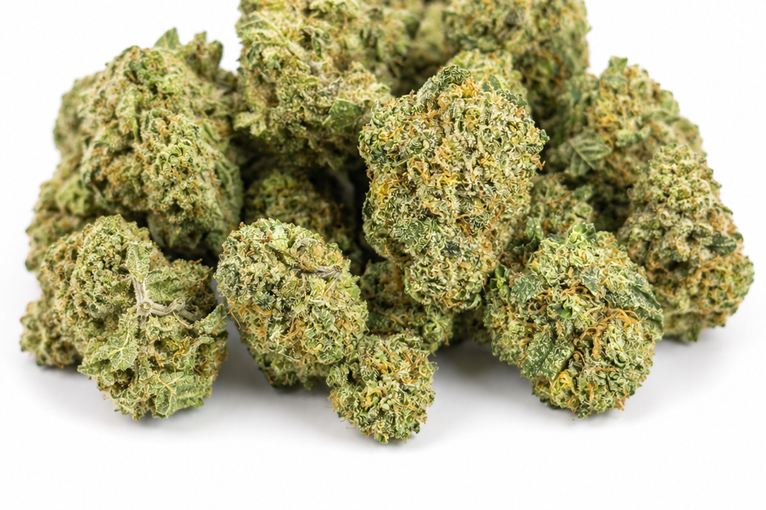 Ice Cream Cake Smalls premium indica cannabis flower with frosty trichome-covered buds on a white background.