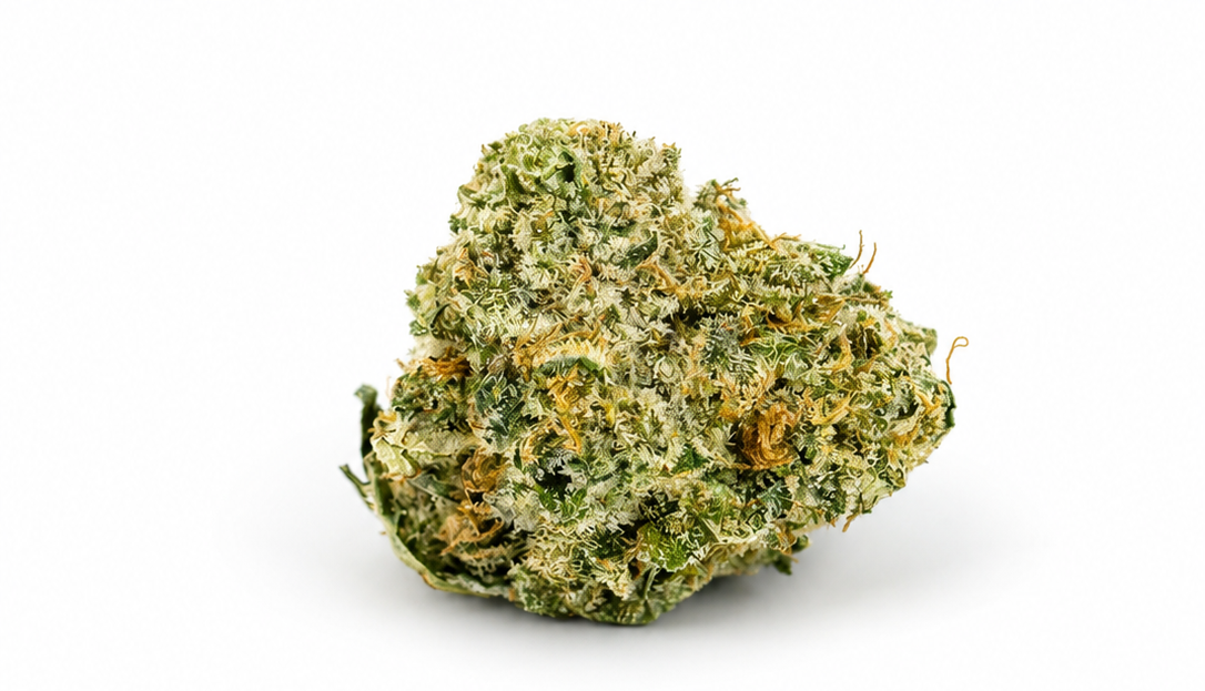 Ice Cream Cake Smalls premium indica cannabis flower with frosty trichome-covered buds on a white background.