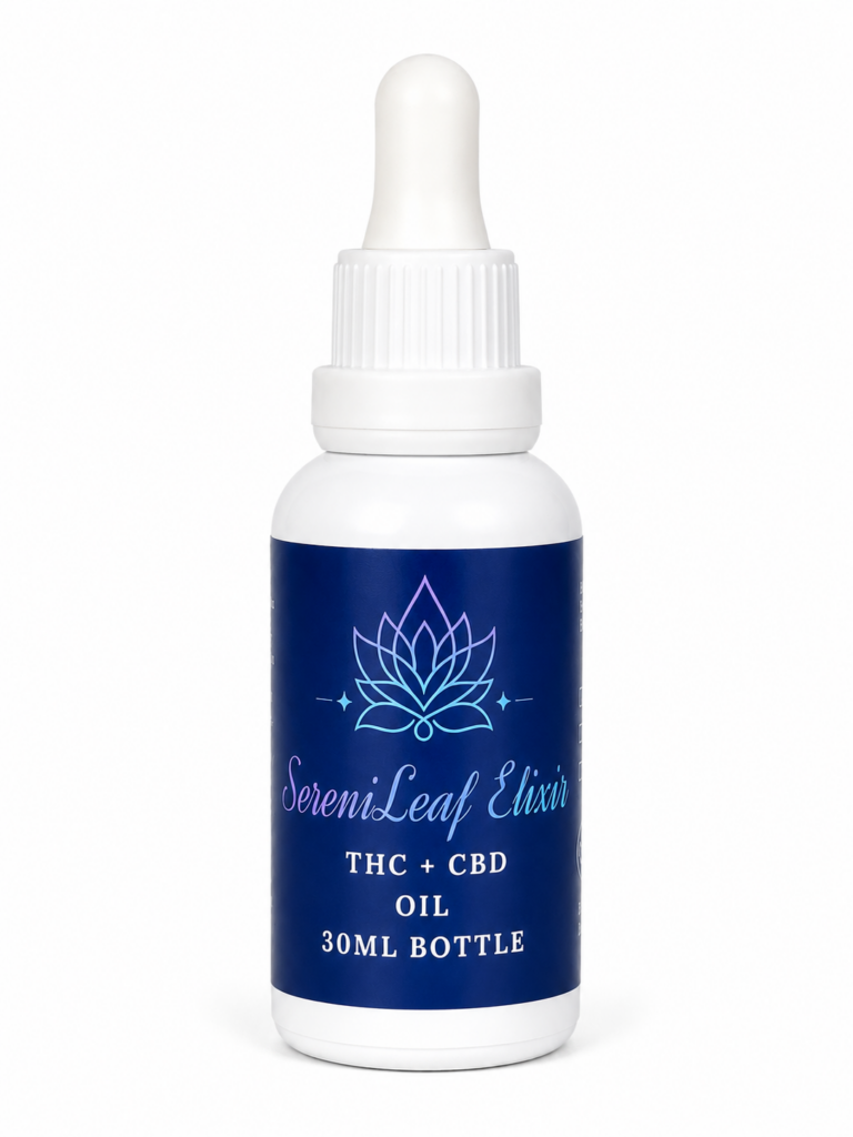 SereniLeaf THC + CBD Tincture 30mL premium cannabis oil bottle