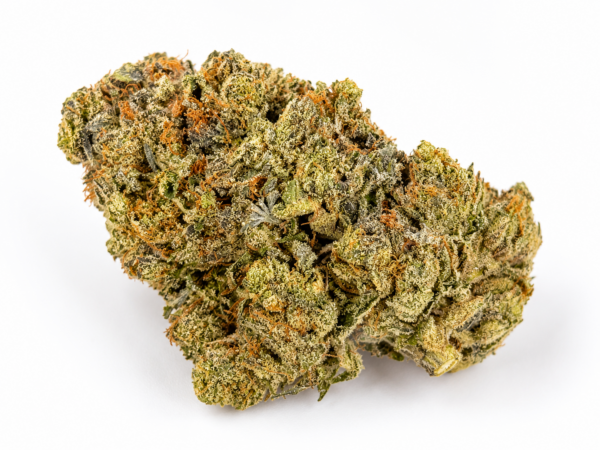 Premium Death Bubba cannabis flower with dense frosty buds covered in trichomes on a white background.