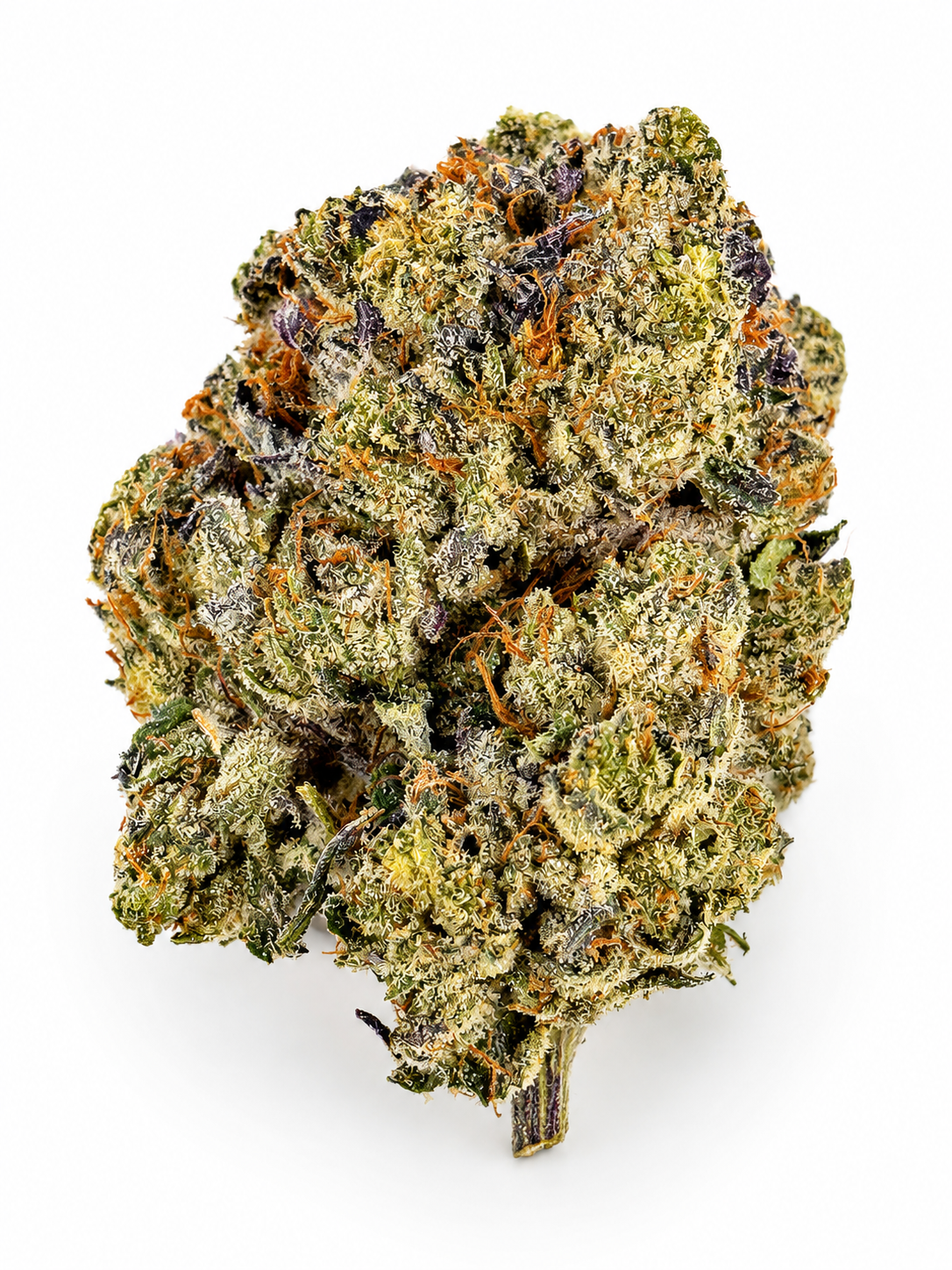 Premium Pink Kush cannabis flower with dense frosty buds, purple hues, and sparkling trichomes on a white background.