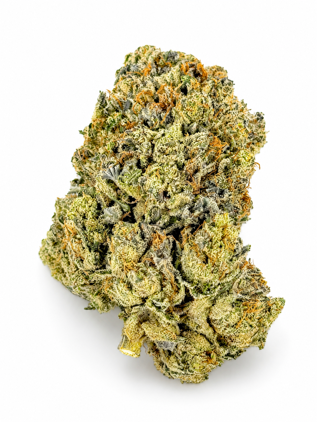 Premium Death Bubba cannabis flower with dense frosty buds covered in sparkling trichomes on a white background.