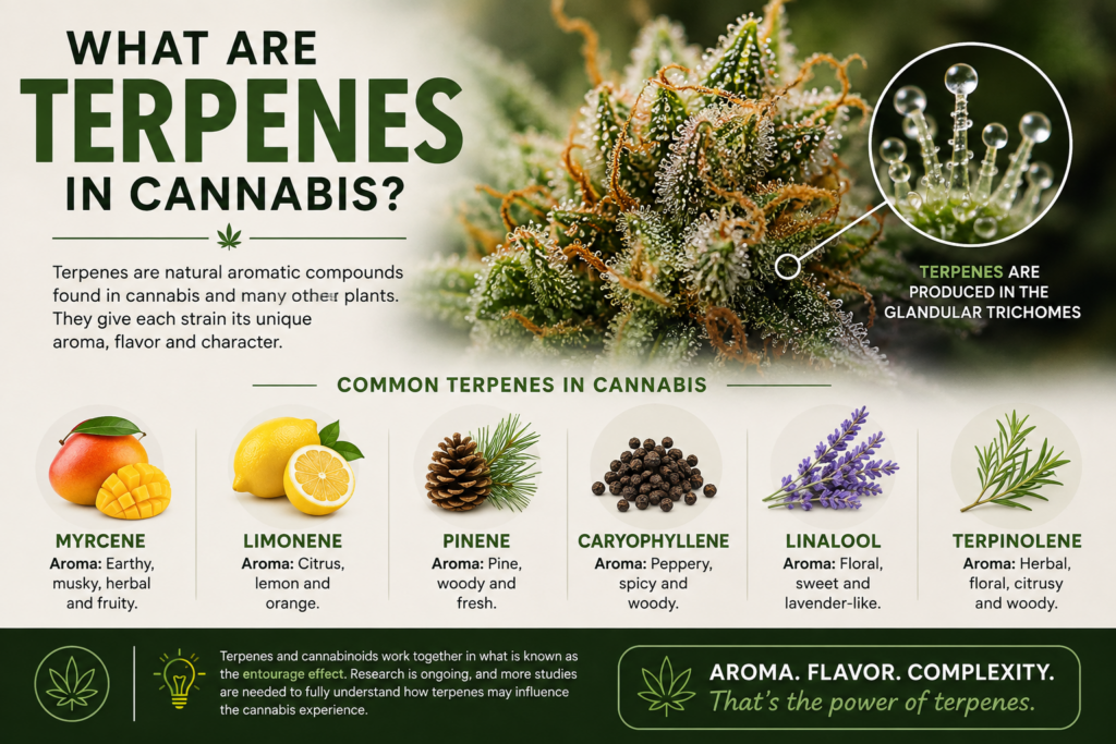 Cannabis terpenes infographic showing common terpenes and aromas